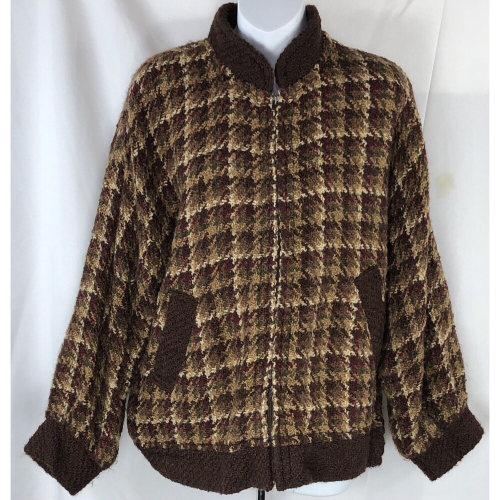 Vintage Boyne Wool Chunky Jacket Barn Coat M Brown Plaid Zip Pockets Cottage